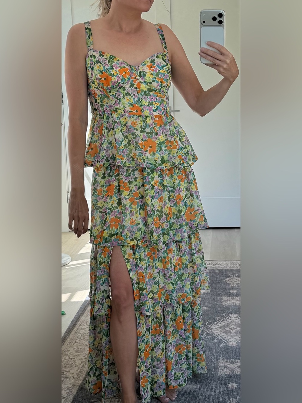 ASTR the Label Midsummer Floral Tiered Midi Dress with Orange Blooms
